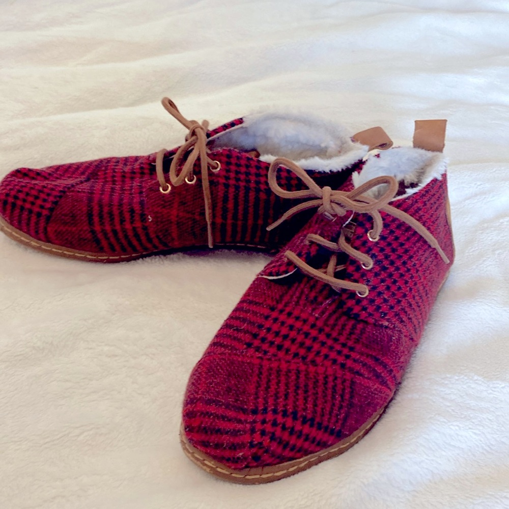 Tom’s ankle booties. Black and red plaid